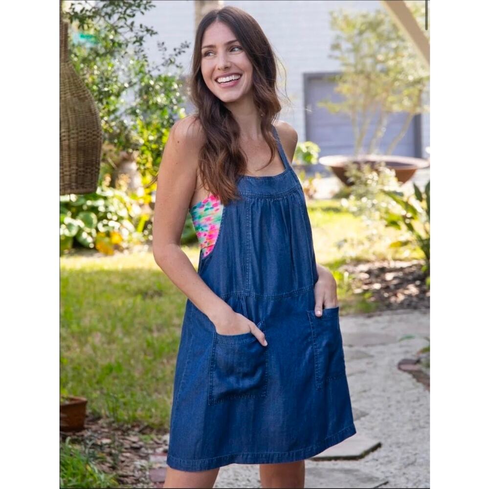 Natural Life Dakota tie back dress denim blue front pockets overall Women's M